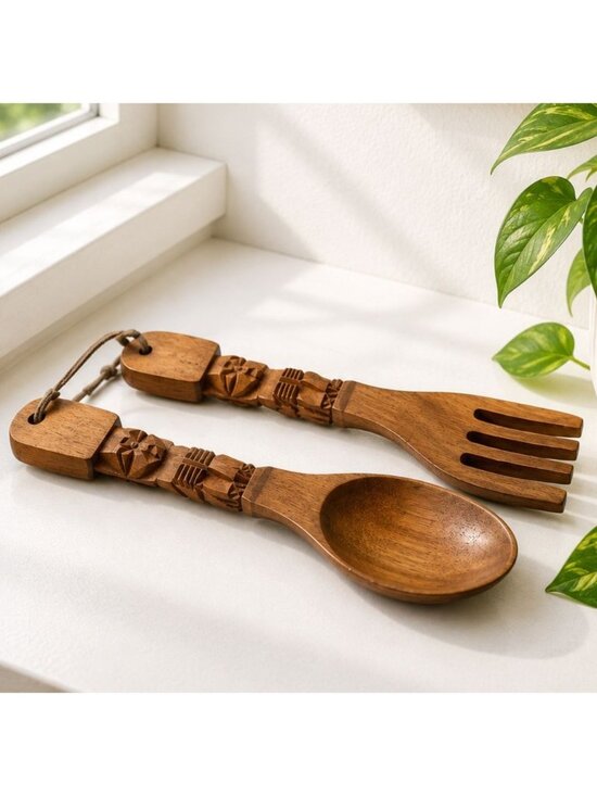 Handmade Other - Vintage Hand-Carved Wooden Fork & Spoon Wall Decor Set With Tribal Motif 12 Inch